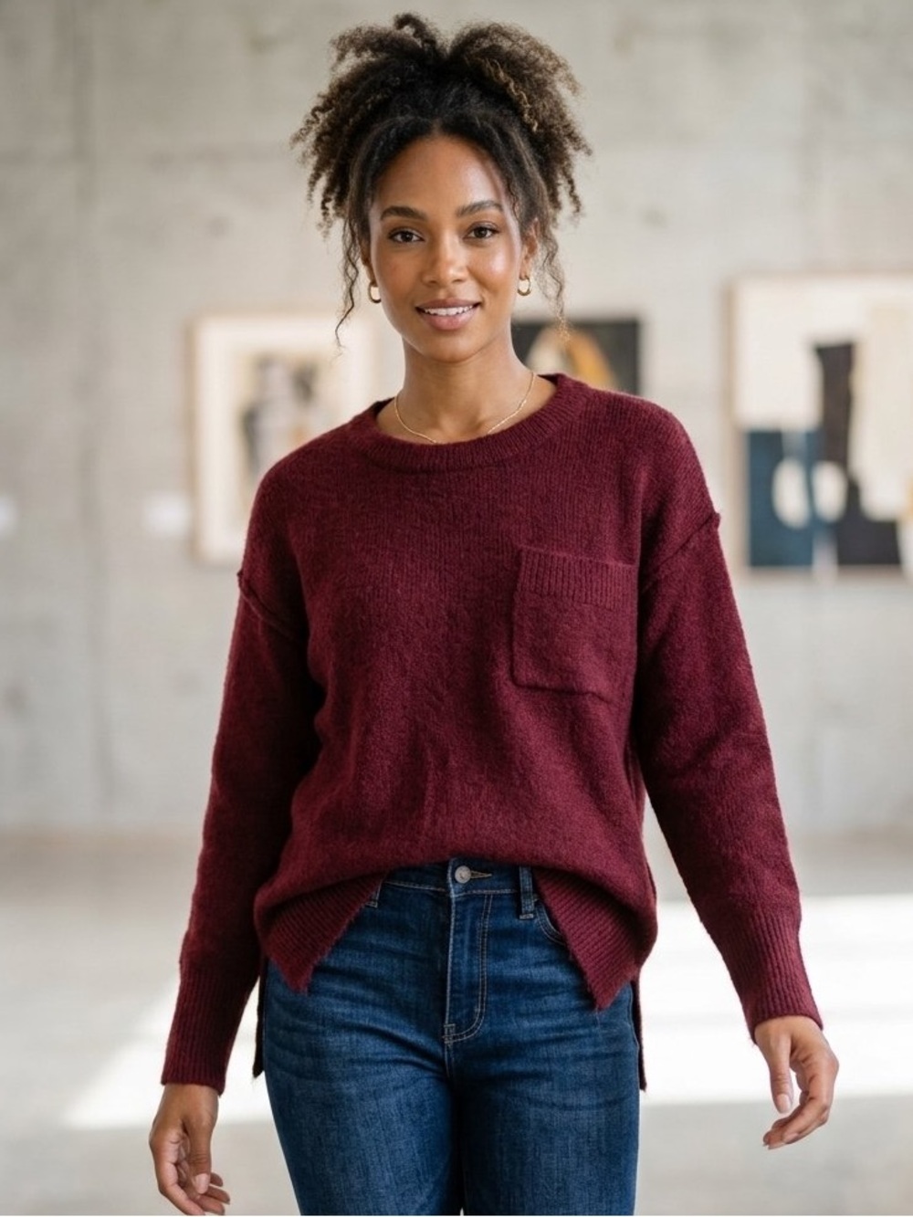 Zenana Burgundy Knit Sweater with Pocket
